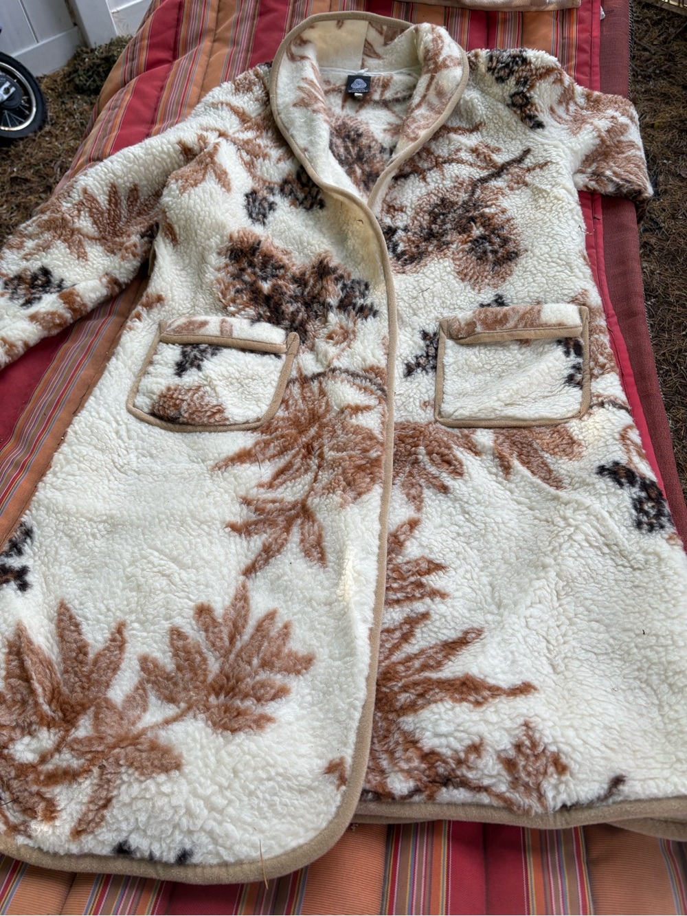 Women's Cream Floral Teddy Coat with Brown Accents